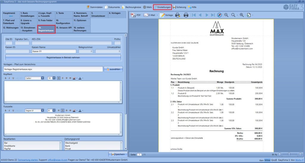 Registrierkasse - Einstellungen