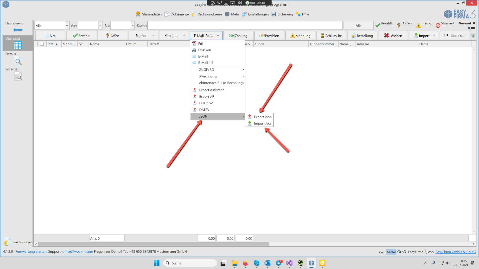 Mit EasyFirma können Sie Rechnung in .json JSON Format importieren und epxortieren
