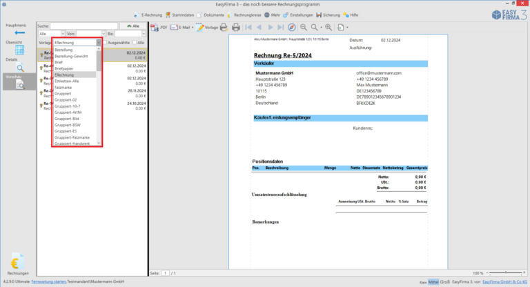 Rechnungsvorlage wechseln mit EasyFirma
