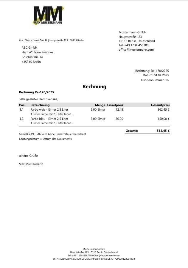 Vorlage Kleinunternehmer-Rechnung nach & 19 UStG
