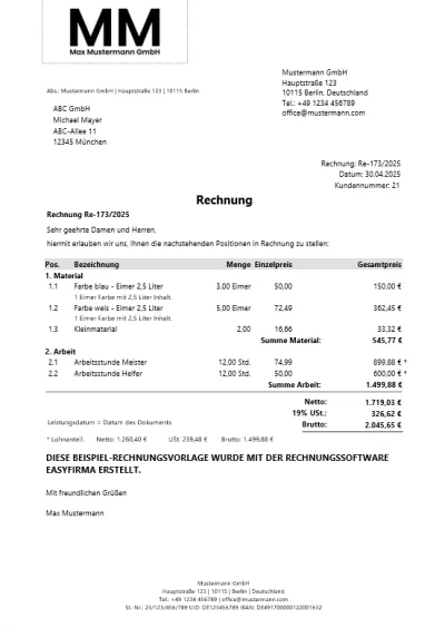 Rechnungsvorlage Word mit ausgewiesenen Lohnkosten