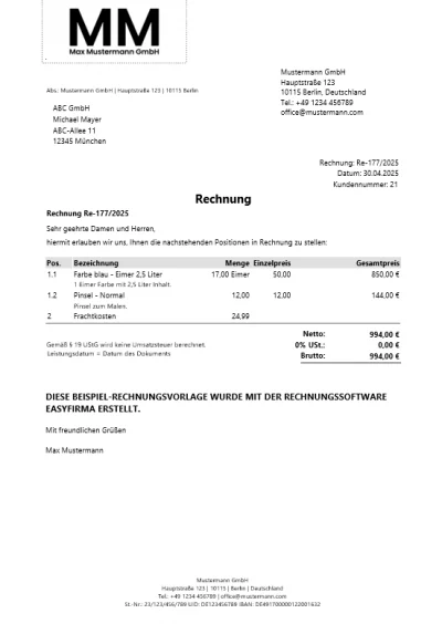 Rechnungsvorlage Kleinunternehmer Word